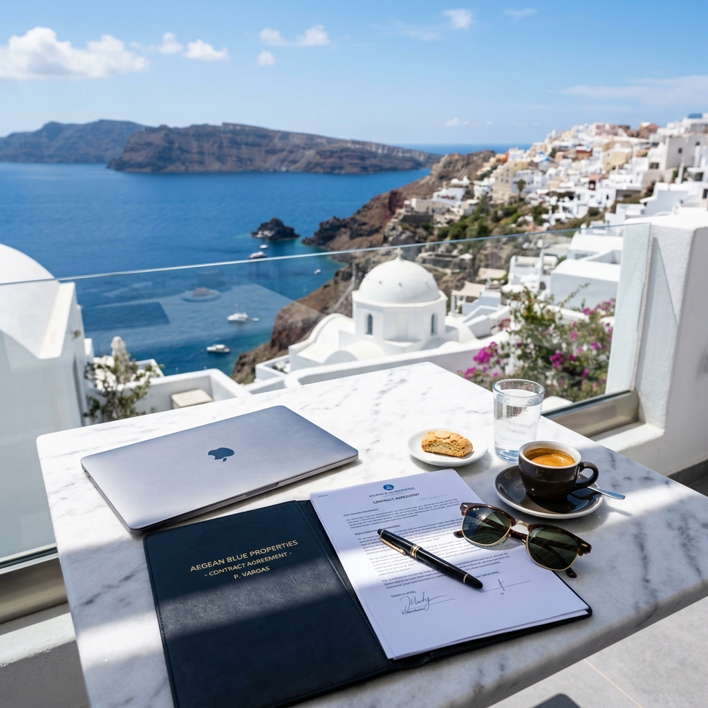 Documents and laptop on a marble desk by the Aegean sea in Santorini Greece