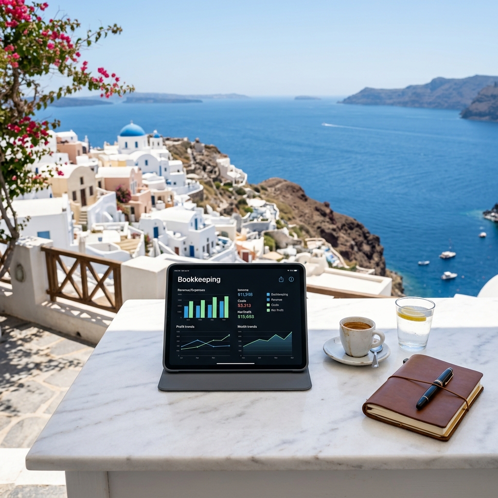 An iPad showing financial charts on a neat white marble desk by the sea in Greece, representing bookkeeping