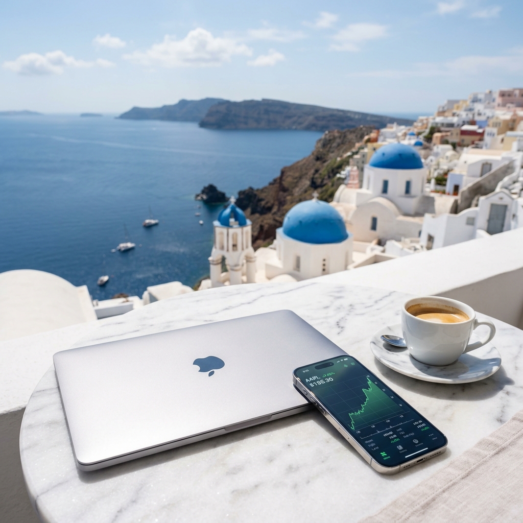 Digital Nomad closed laptop and iPhone with trading chart in Santorini Greece