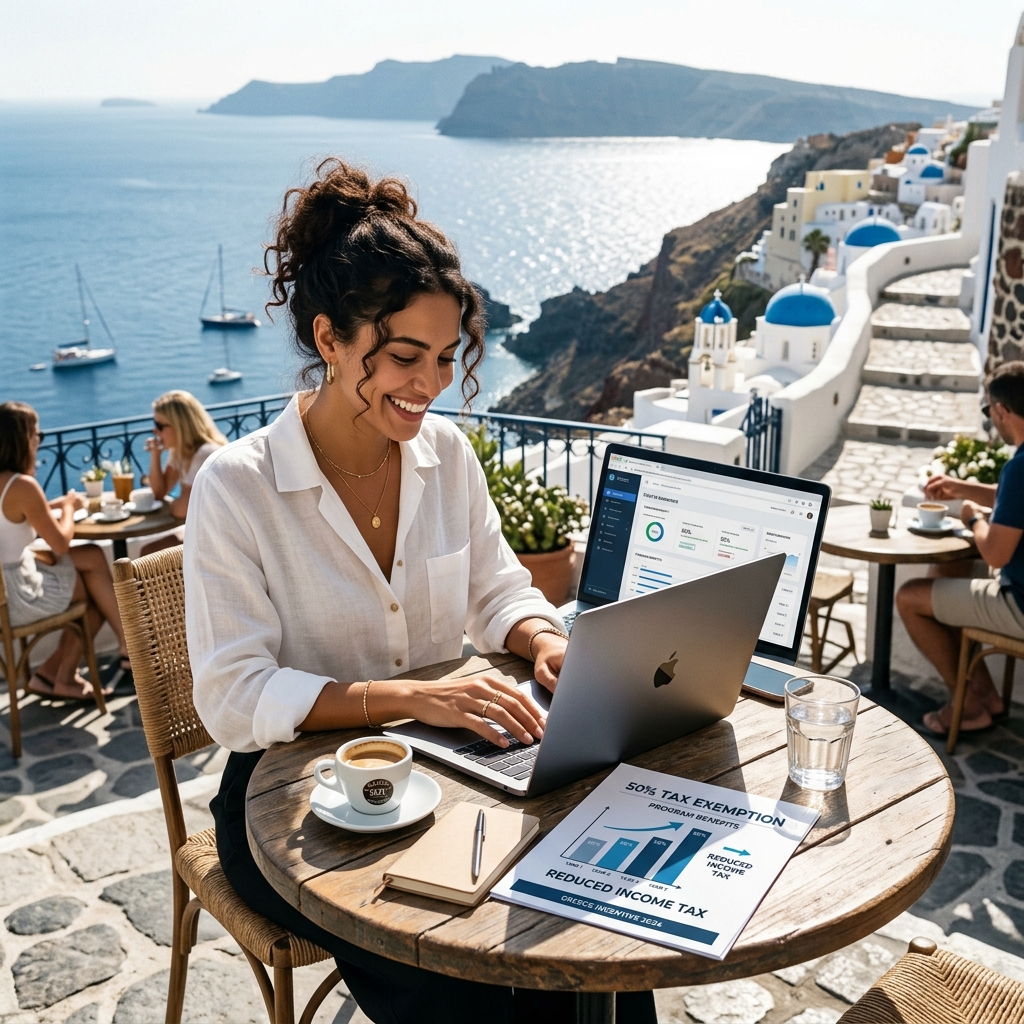 A stylish young professional happily working on a laptop at a cafe by the sea in Greece, looking at a 50% tax exemption chart